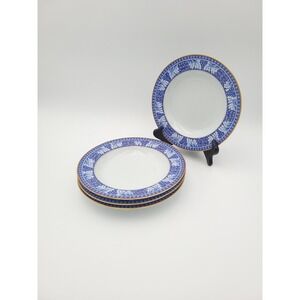 Set Of 4 Block China Spal Obidos Blue Floral Gold Trim Shallow Soup Bowls